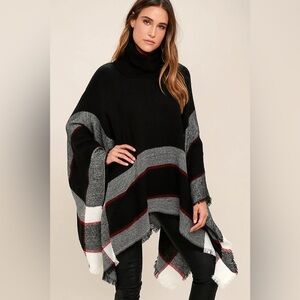 Plaid Poncho, Black/Gray/Red, One Size